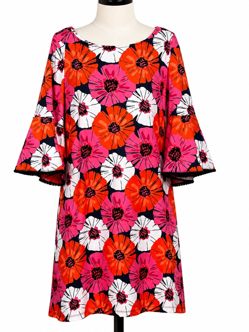 Pappagallo Floral Bell Sleeve Shift Dress Navy Poppy Multi Mod Retro 10